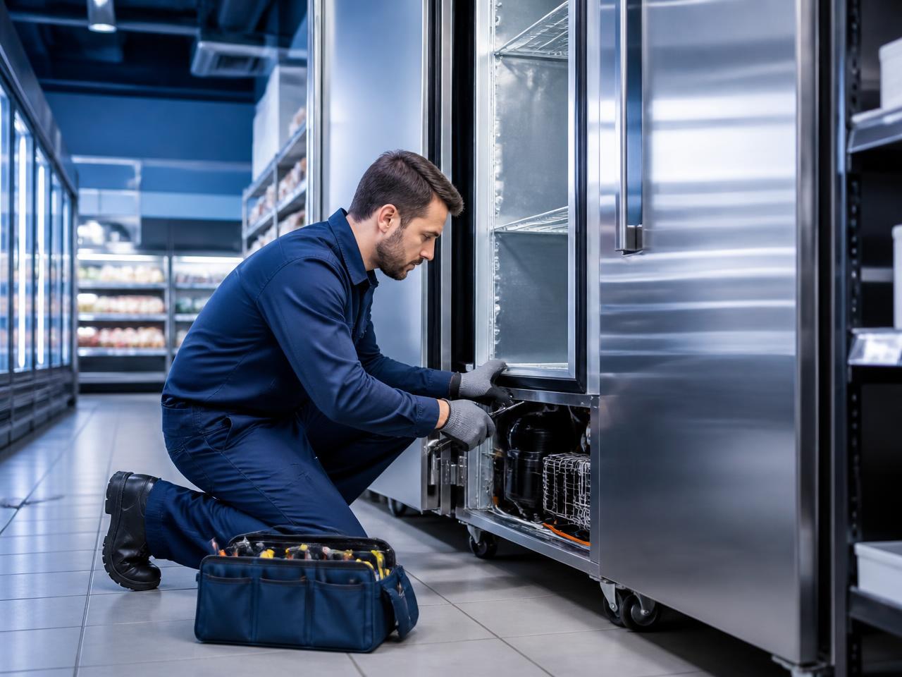Técnico em refrigeração fazendo conserto de geladeira comercial em São Paulo